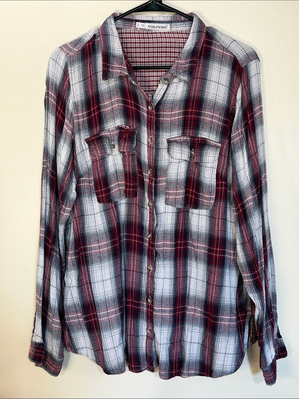 Maurices Burgundy, White and Black Plaid Button-Down Shirt
